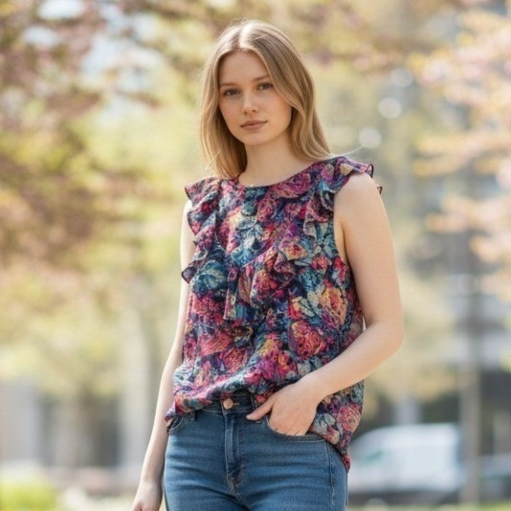 Moulinette Soeurs Anthropologie Womens 12 Silk Blouse Floral Ruffle V Neck